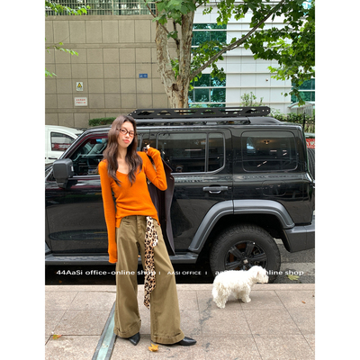 44AaSi 旧街时代 水洗做旧感阔腿直筒窄版显瘦卡其色牛仔裤