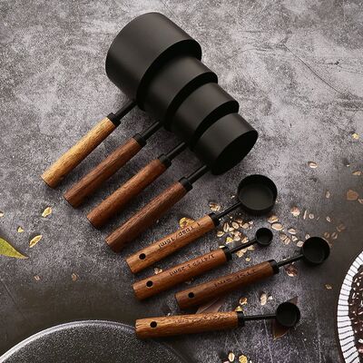 4/8Pcs Wooden Handle Stainless Steel Measuring Cups Spoons B
