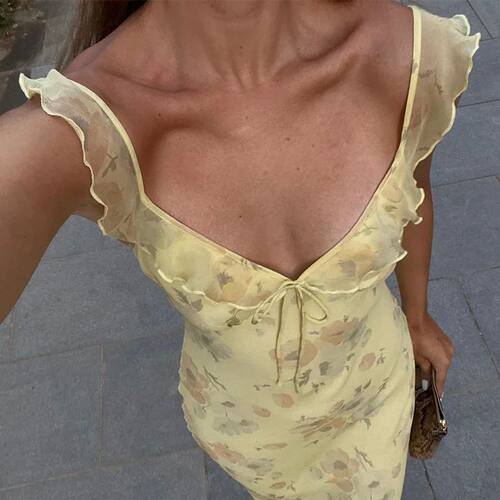 Women's Floral Cami Dress Slim Tie Bow Deep V Neck Backless