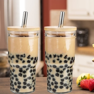 粗吸管玻璃杯美式 冷萃杯吸管杯大容量珍珠奶茶飲料果汁杯網(wǎng)紅同款