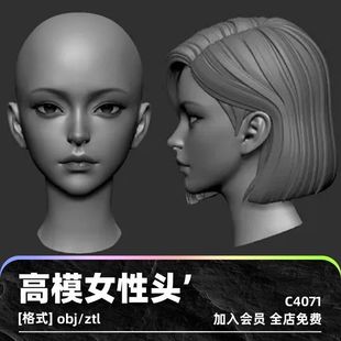 zbrush高精度女性头部短发光头C4D模型3D渲染建模obj设计maya素材