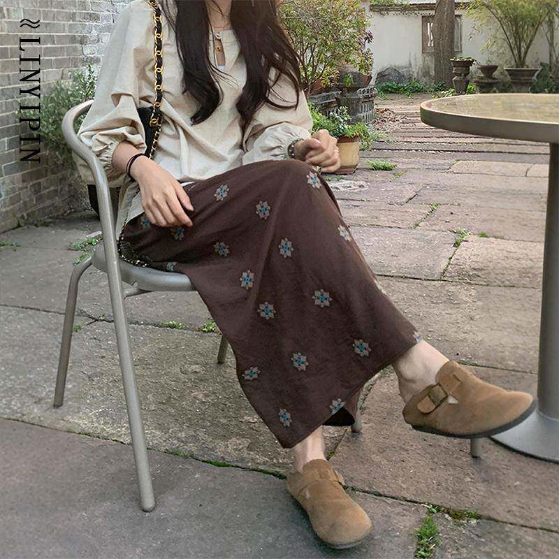 咖色中式花朵印花亚麻半身裙女夏季大码胖mm长裙a字独特漂亮裙子
