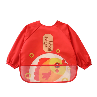 宝宝新年罩衣喜庆国风红色儿童吃饭围兜婴儿辅食饭兜围裙防水防脏