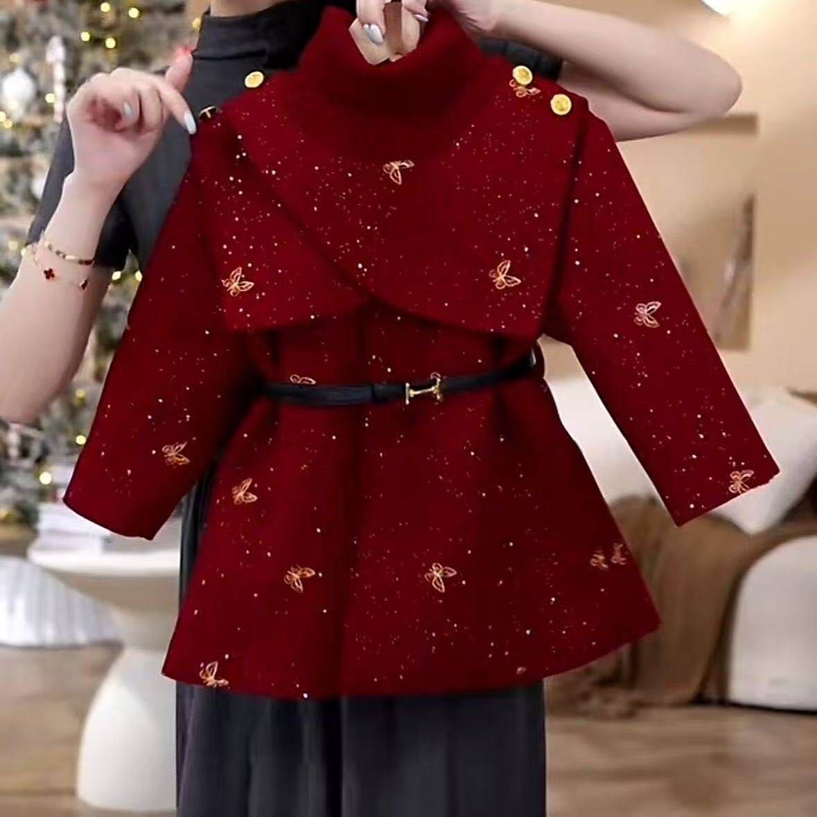 女童冬季加绒毛呢子大衣2025新款中大童儿童红色拜年服小女孩外套