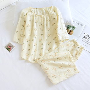 春夏薄款纯棉泡泡棉纱布套头熊猫碎花七分袖七分裤家居服睡衣套女