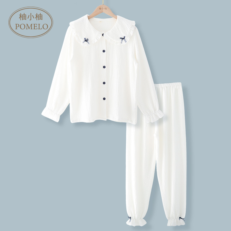 纯棉纱布白色简约大花边领睡衣套