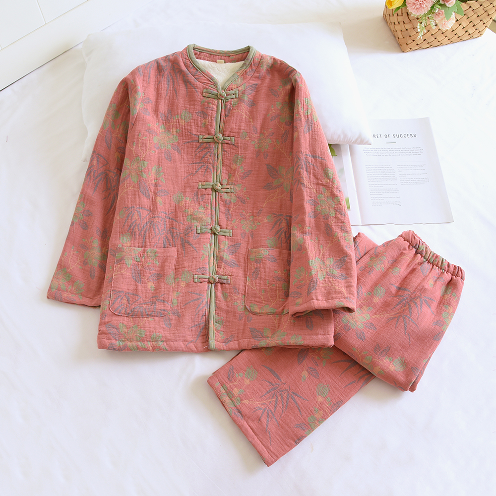 秋冬新中式加厚纯棉提花双层棉纱国风加绒家居服睡衣套装女可外穿
