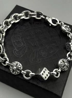 复古银个性字母手链男女款情侣复古泰银锁链十字架骰子十字链手链