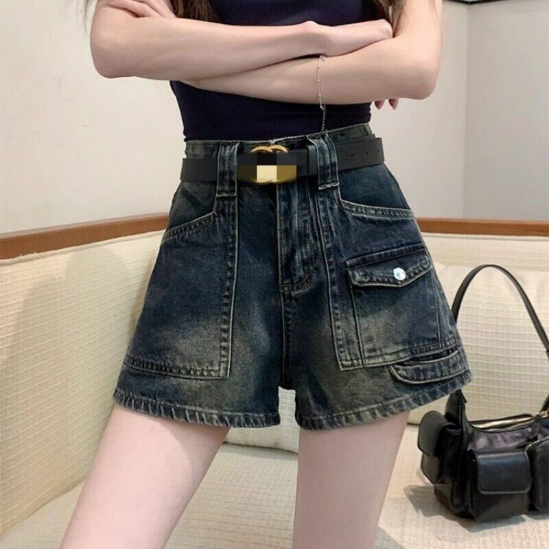 美式复古工装牛仔短裤女夏季薄款大码胖mm宽松高腰阔腿裤a字热裤