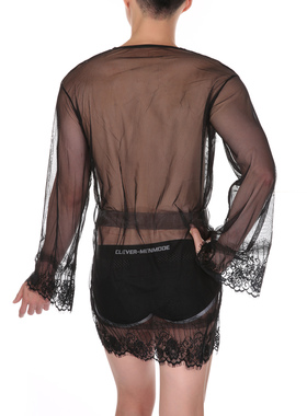 男士性感蕾丝睡衣透明透气超短镂空睡袍黑色浴袍男成人高级房事