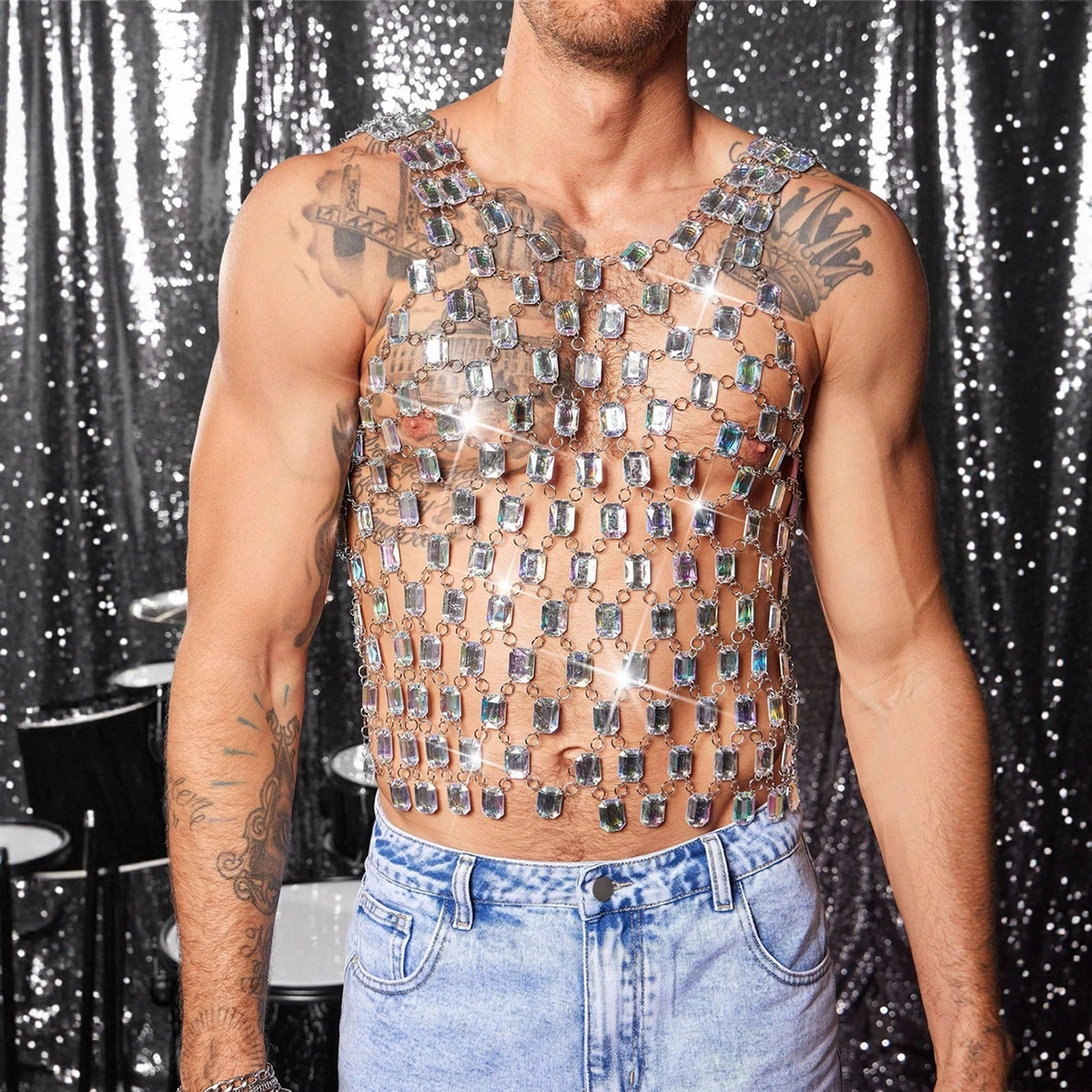 透明镂空上衣男款闪钻百搭网眼网孔T恤性感背心烫钻渔网格