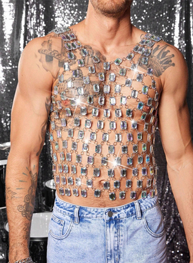 透明镂空上衣男款闪钻百搭网眼网孔T恤性感背心烫钻渔网格