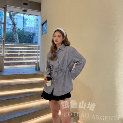 银色山坡宽松学院绑带收腰衬衫