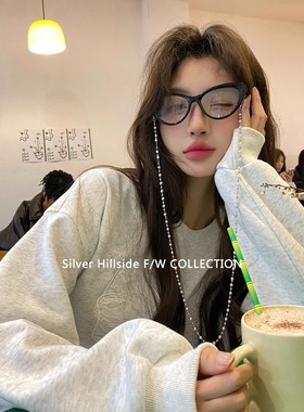 银色山坡/蕾丝蝴蝶结灰色圆领套头卫衣女春季慵懒风显瘦小个子