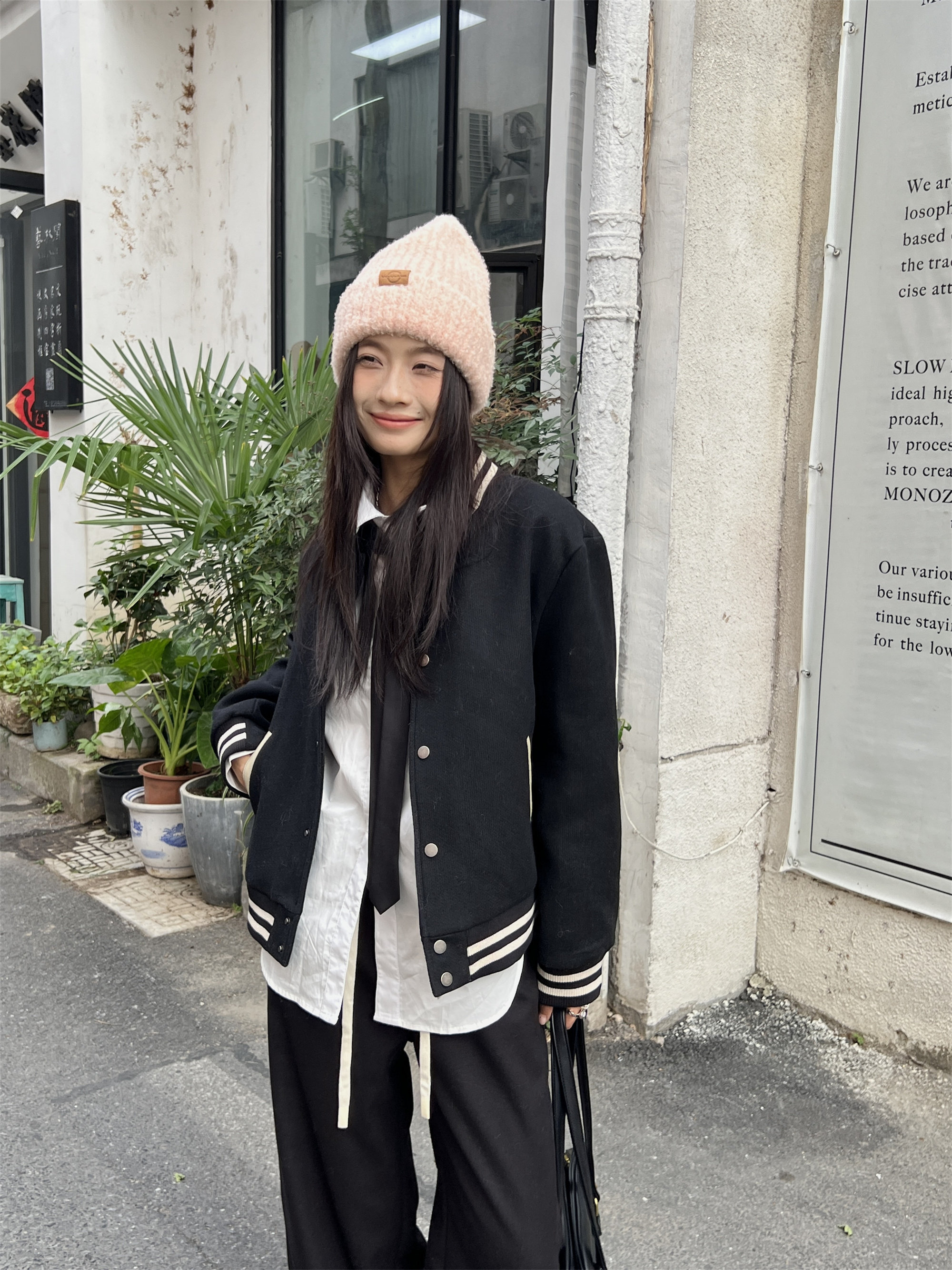 银色山坡【美式少女】复古毛呢棒球服女秋冬休闲刺绣字母宽松显瘦