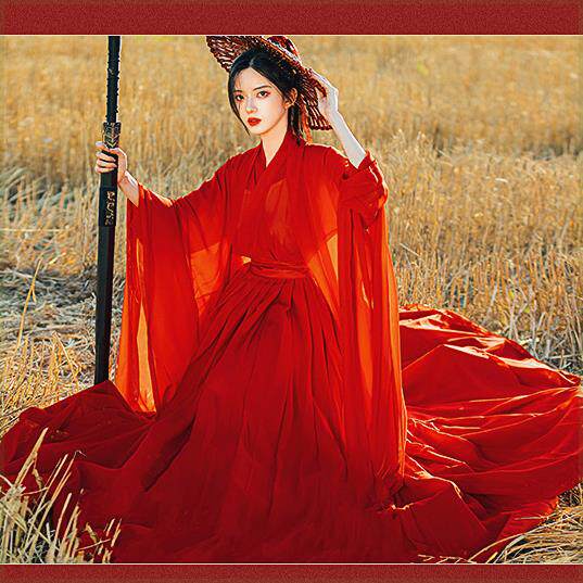 LXVN [XIA CHENWAN] HANFU 여성 붉은 무술 의상 요정 스타일 고대 스타일 넓은 소매 흐르는 요정 스커트와 슈퍼 요정 헤게모니
