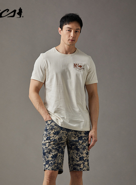 MCS男装源自万宝路复古时尚休闲混纺圆领前胸印花合身罗纹短袖T恤