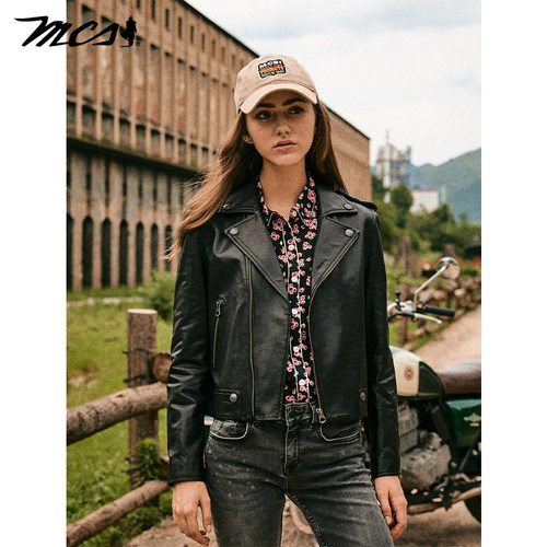 绵羊皮经典机车皮衣短款复古皮