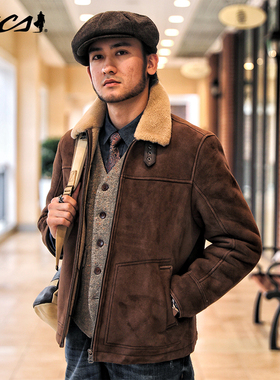 MCS男装源自万宝路冬季巴恩风皮衣翻毛领真皮短款加绒绵羊皮外套