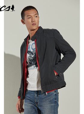 MCS男装源自万宝路秋季合身立领拉链纯棉夹克复古做旧百搭外套男