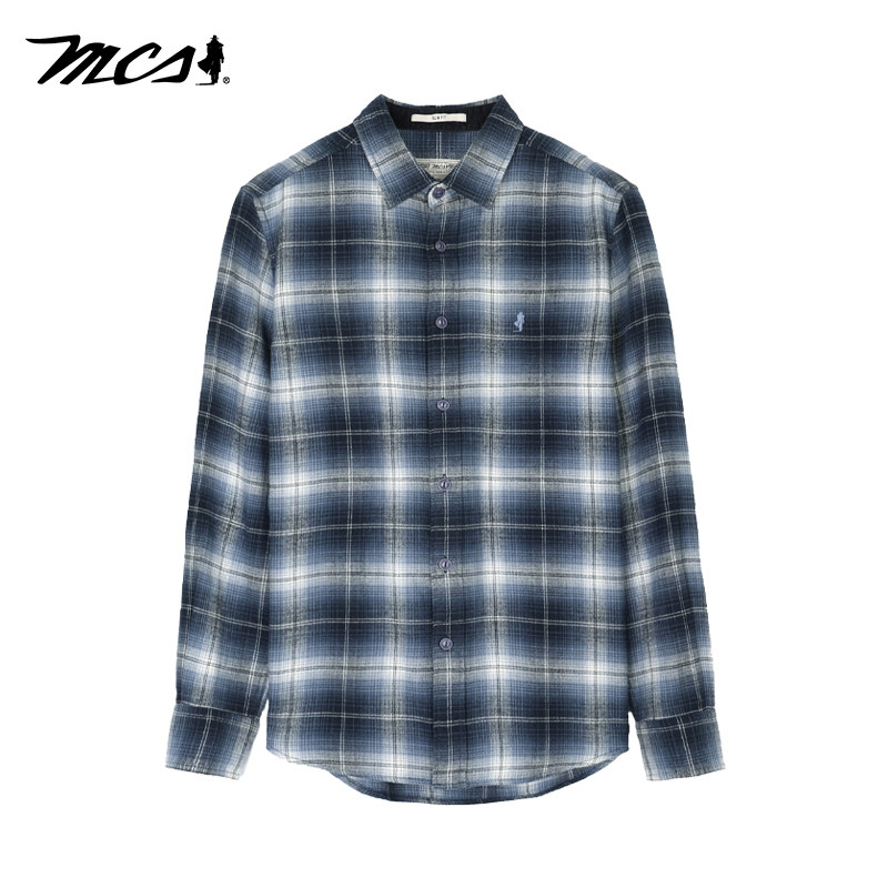 MCS男装源自万宝路经典格子衬衫秋季复古修身纯棉长袖质感上衣男