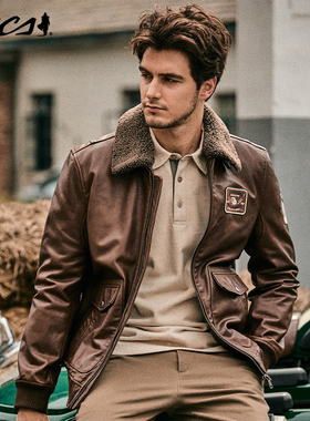 MCS源自万宝路男款G1飞行员羽绒皮衣美式羊毛革可脱卸领百搭外套