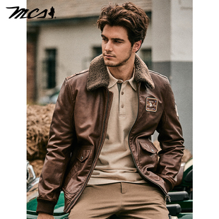 MCS源自万宝路男款G1飞行员羽绒皮衣美式羊毛革可脱卸领百搭外套