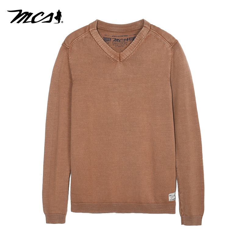MCS男装源自万宝路秋季新品V领针织衫美式休闲长袖毛衣男士打底衫