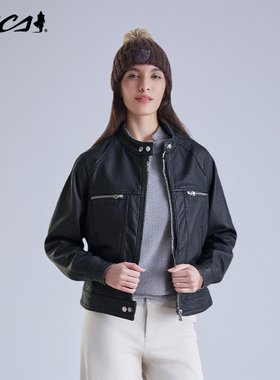 MCS源自万宝路女款复古皮衣山羊皮立领短款机车皮衣做旧美式秋季