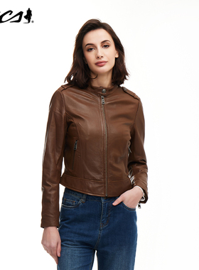 MCS女装源自万宝路秋季新品绵羊皮真皮皮衣立领机车短款皮衣外套