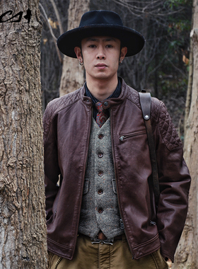 MCS源自万宝路秋季男士立领机车手绵羊皮真皮皮衣外套修身皮夹克