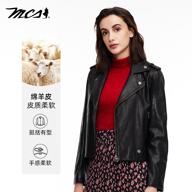 MCS女装源自万宝路春秋季绵羊皮真皮皮衣复古高级黑色机车皮夹克
