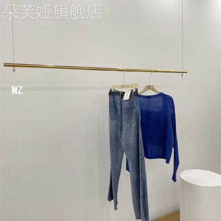 服装店展示架吊顶悬挂衣杆女装店上墙橱窗吊架简约吊杆不锈钢金色