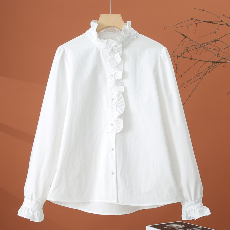 木耳边长袖白色衬衫女春季2026新款时尚洋气衬衣宽松百搭女士上衣