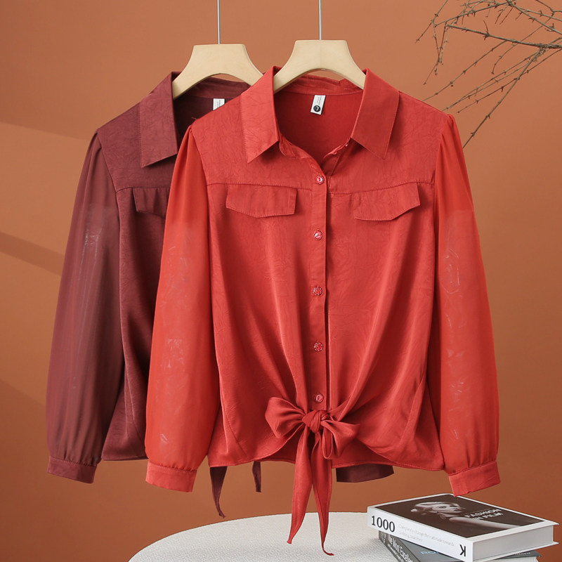 下摆打结长袖衬衫女春装2026新款洋气时尚衬衣遮肚子显瘦女士上衣