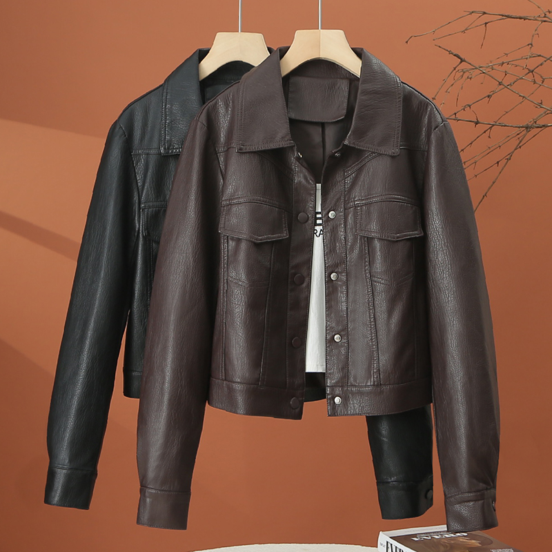 秋季小个子咖色皮衣外套女