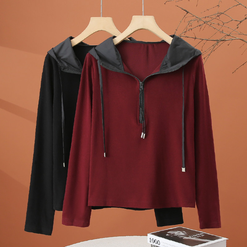 长袖半拉链连帽卫衣t恤女2026春季新款时尚洋气修身短款女士上衣