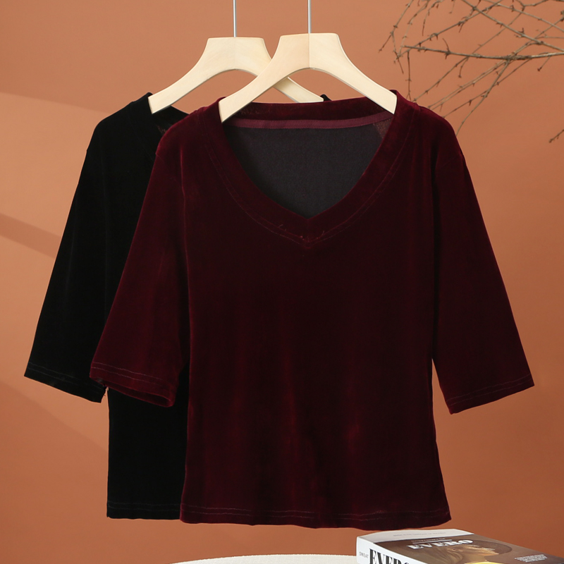 金丝绒中袖t恤女早秋2025新款