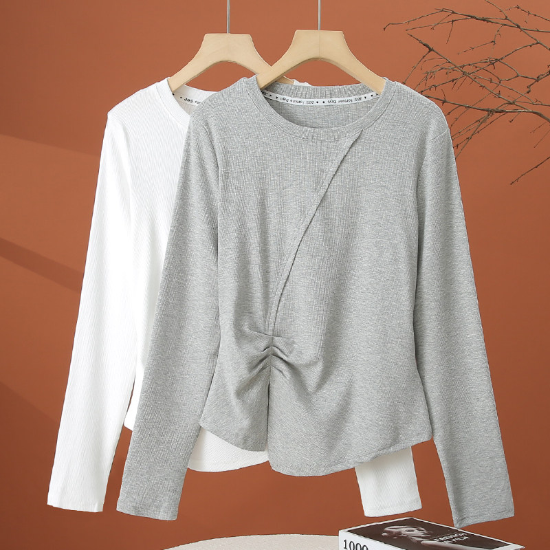 不规则长袖t恤女2026春季新款洋气时尚小衫收腰显瘦短款女士上衣