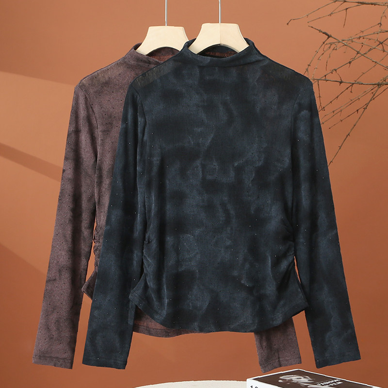 长袖半高领扎染t恤女春季2026新款洋气打底小衫内搭收腰女士上衣