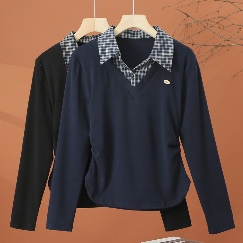 假两件格子拼接长袖t恤女