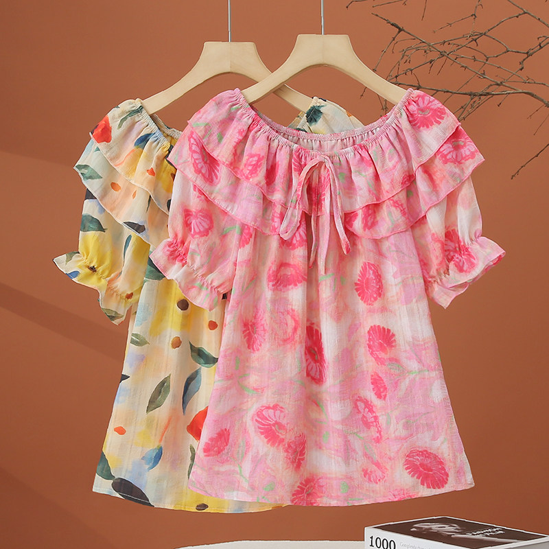 短袖碎花雪纺衫女夏季2026新款荷叶边洋气小衫时尚一字肩女士上衣