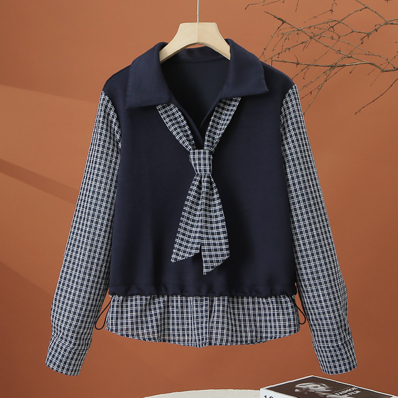 假两件长袖格子衬衫女春季2026新款翻领衬衣时尚洋气减龄女士上衣