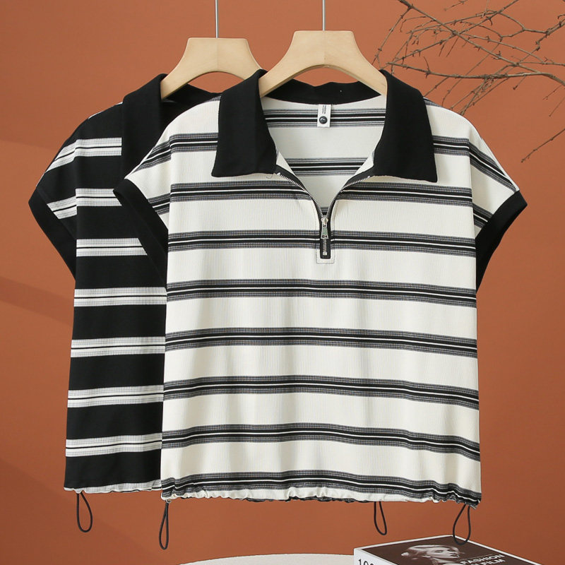 polo领短袖条纹t恤女夏季2026新款洋气时尚小衫抽绳短款女士上衣