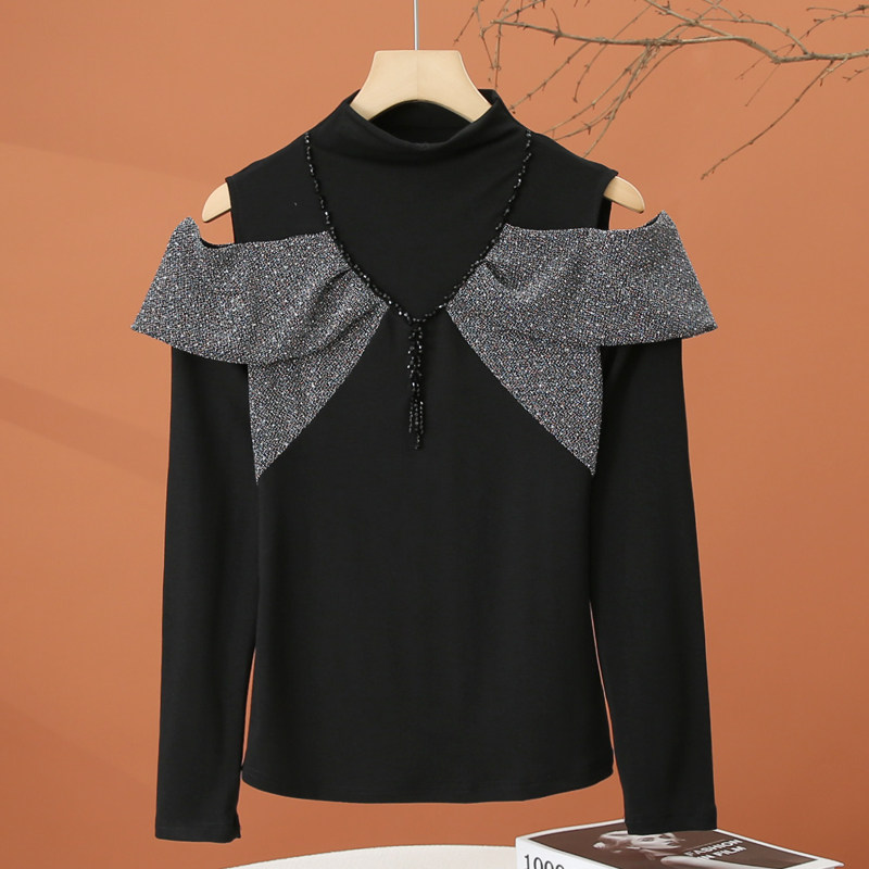 半高领露肩长袖t恤女春季2026新款洋气时尚小衫减龄修身黑色上衣