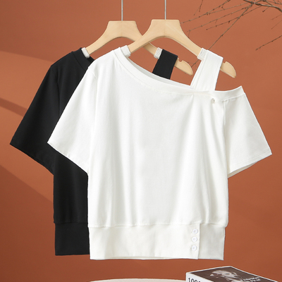 不规则吊带露肩短袖t恤女