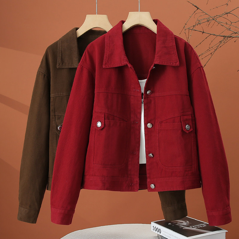 红色牛仔外套女春季2026新款翻领外衣春装小个子休闲百搭短款上衣