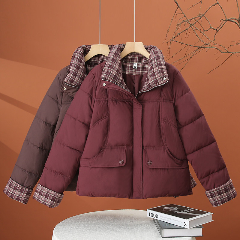 格子拼接立领加厚棉服女2025冬季新款百搭小个子棉袄女士保暖棉衣