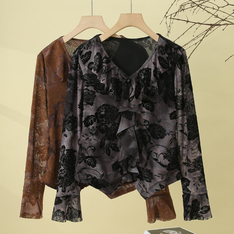 春季长袖荷叶边雪纺衬衫女2026新款洋气时尚小衫女士短款碎花上衣