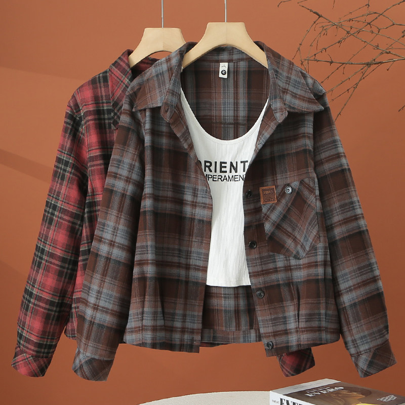 春季长袖格子衬衫外套女2026新款小个子宽松休闲百搭女士短款上衣